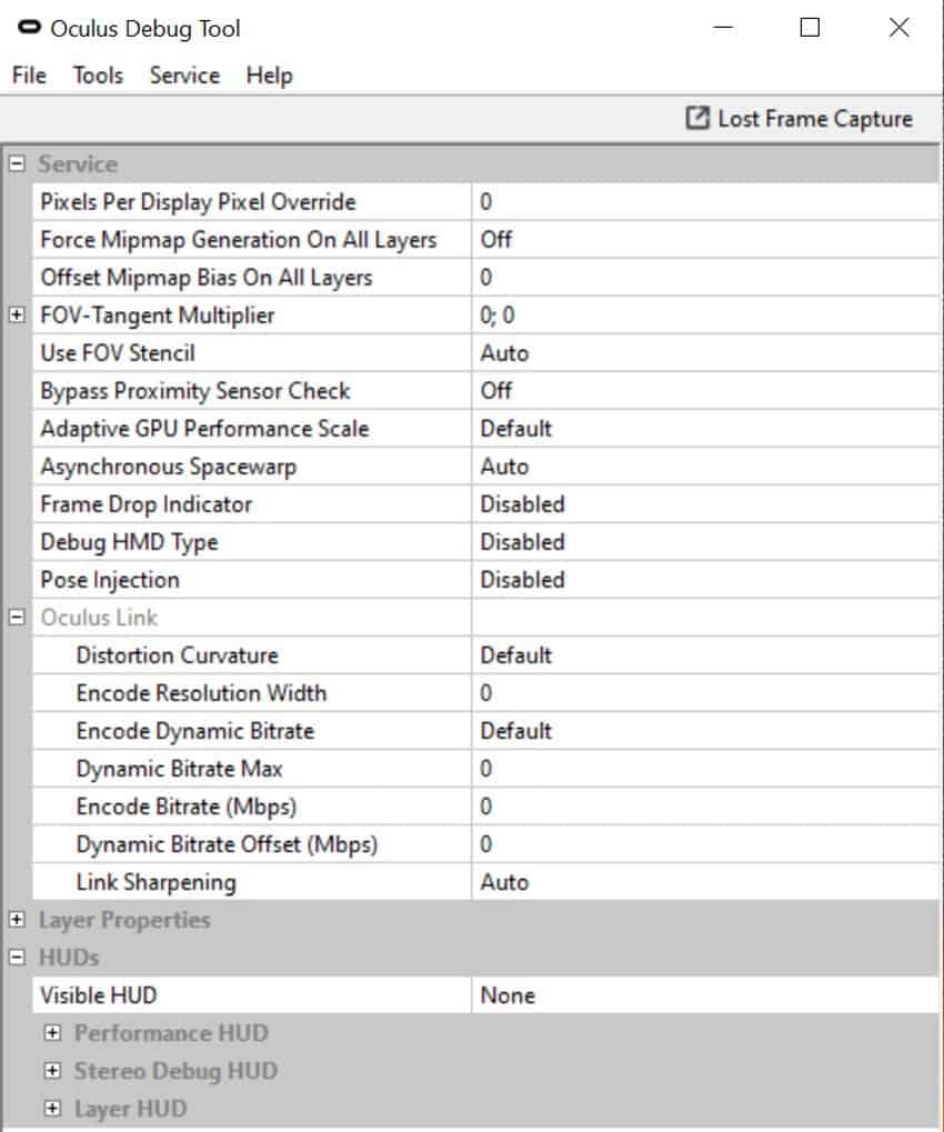 Oculus Debug Tool Default Settings