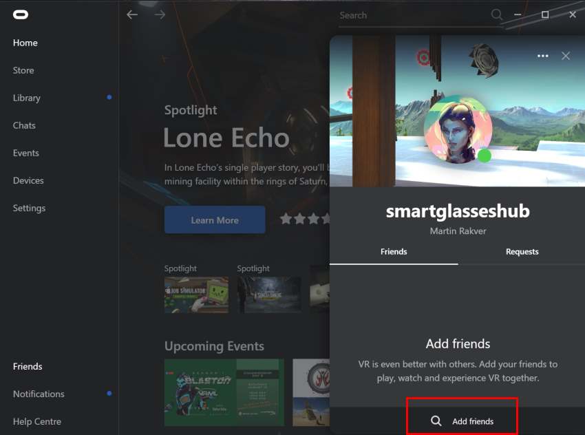 Search Friends on Oculus PC software