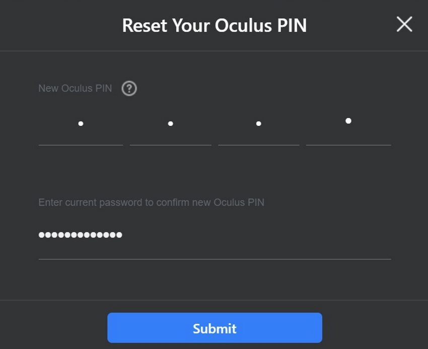 Reset Oculus PIN from game purchase screen